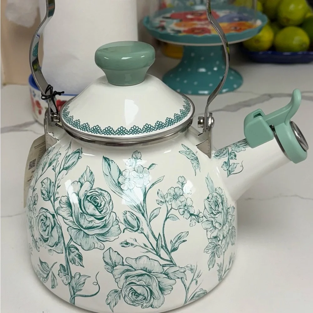The Pioneer Woman Green and White Floral Teapot